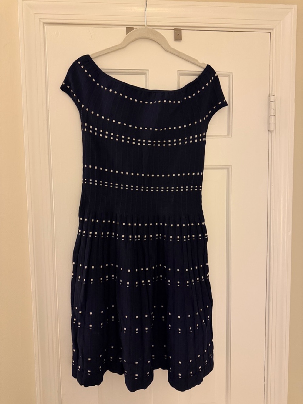 Parker Size S Navy Off-Shoulder Knit Dress with Eyelet Detail
